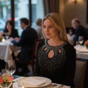 $85 Crystal accent sweater dress with sparkle embellishments to neck